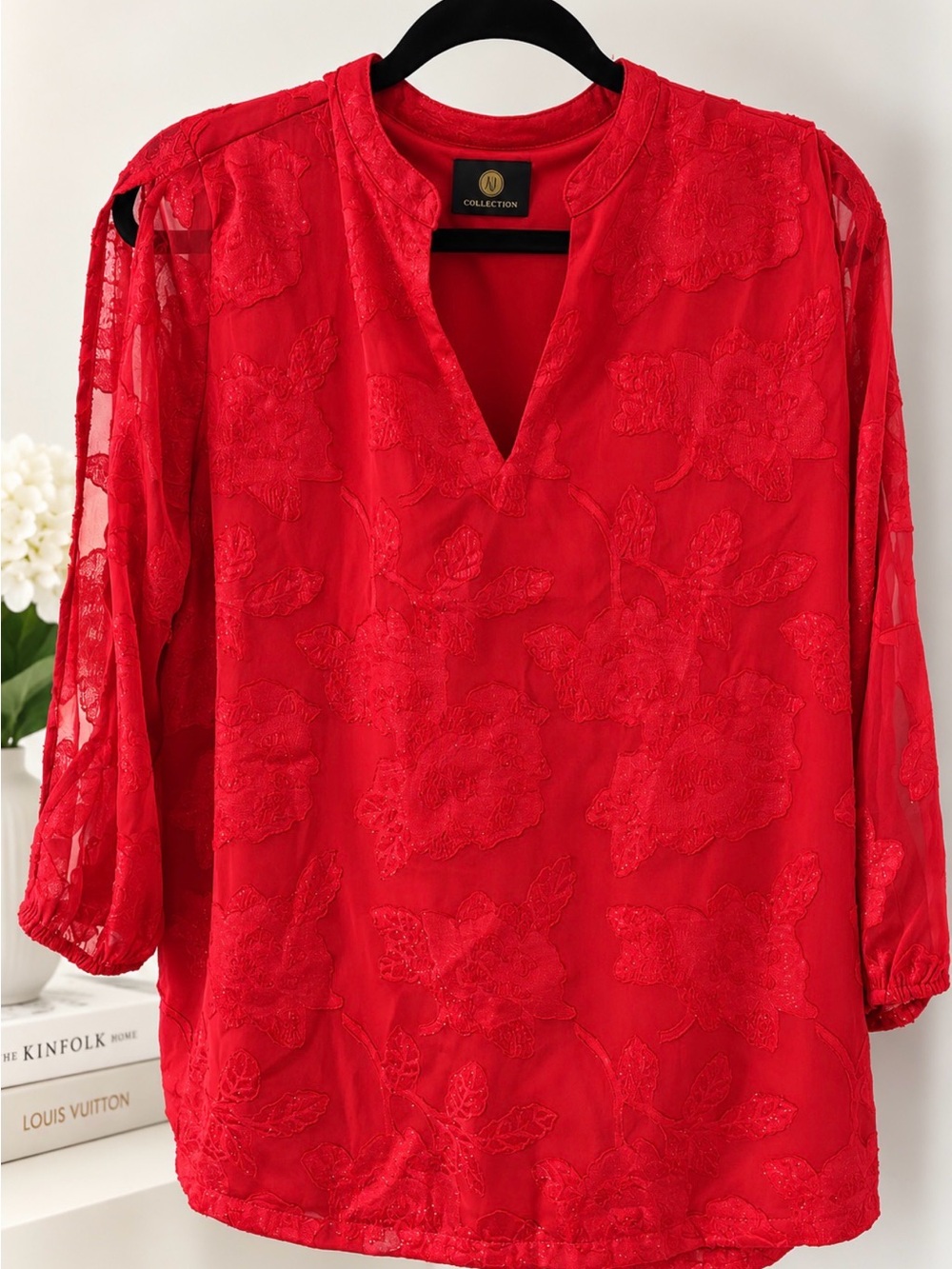 Collection B Red Floral Embroidered V-Neck Sheer Sleeve Blouse